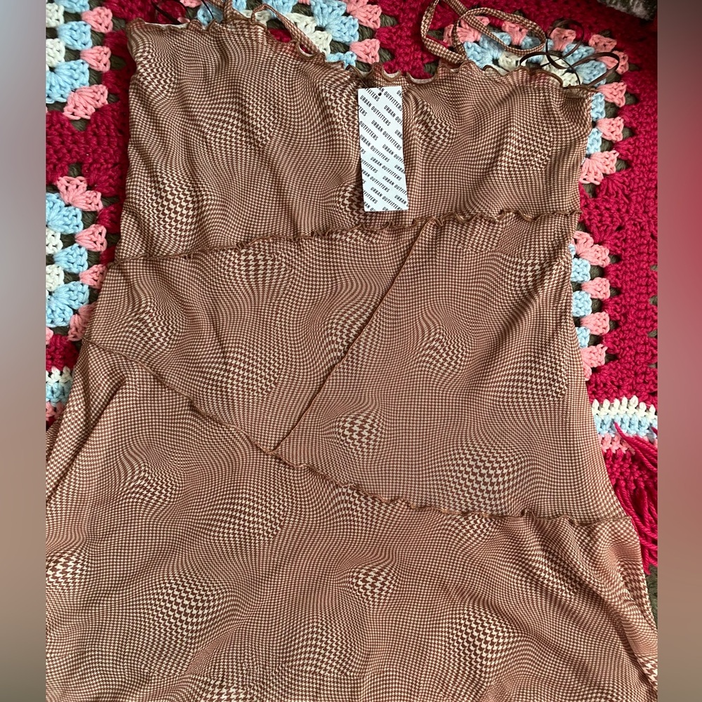 Urban Outfitters Moxie Mesh Slip Dress in Brown Check